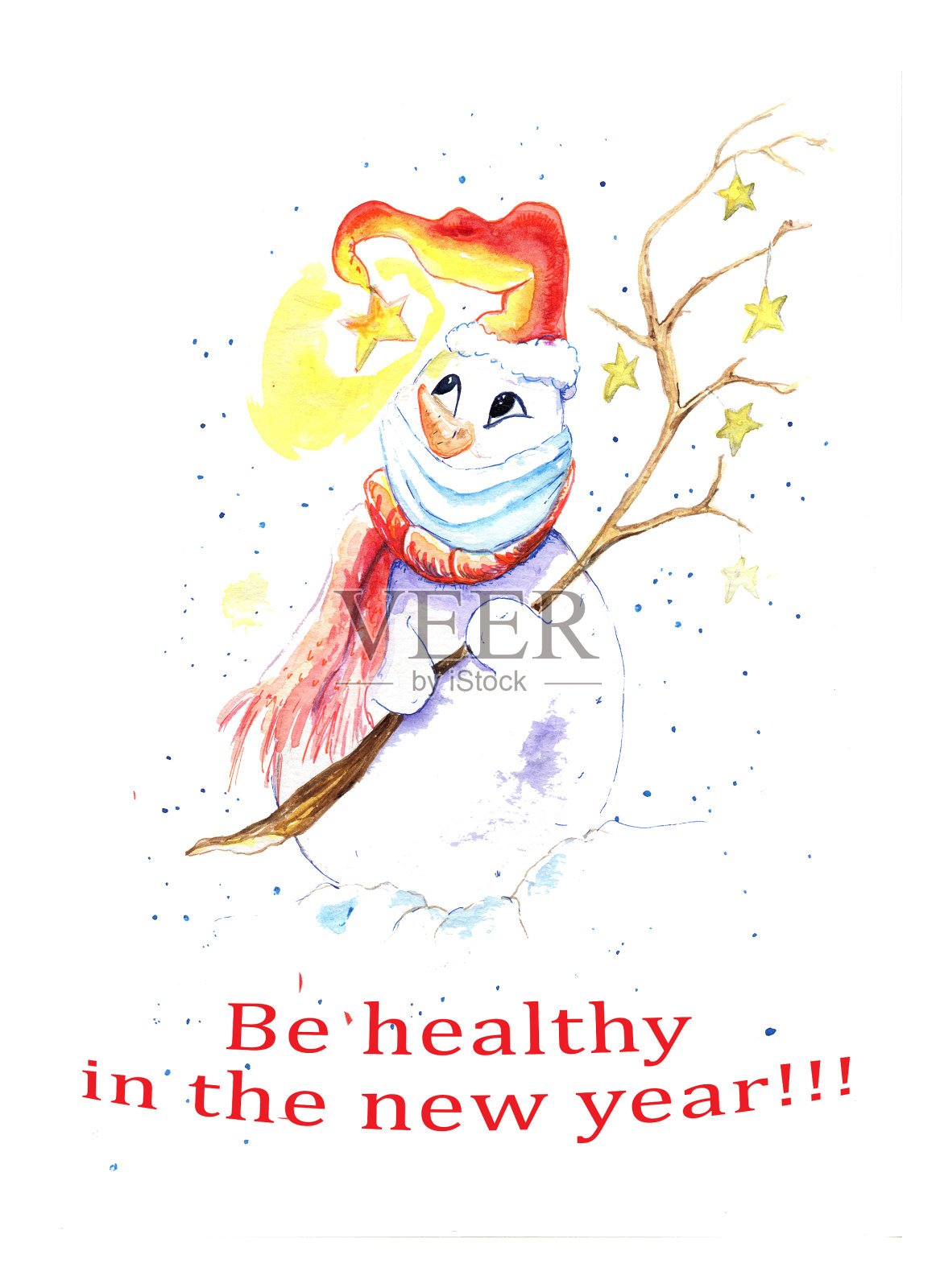 水彩画卡片上有一个雪人，树枝上装饰着星星插画图片素材