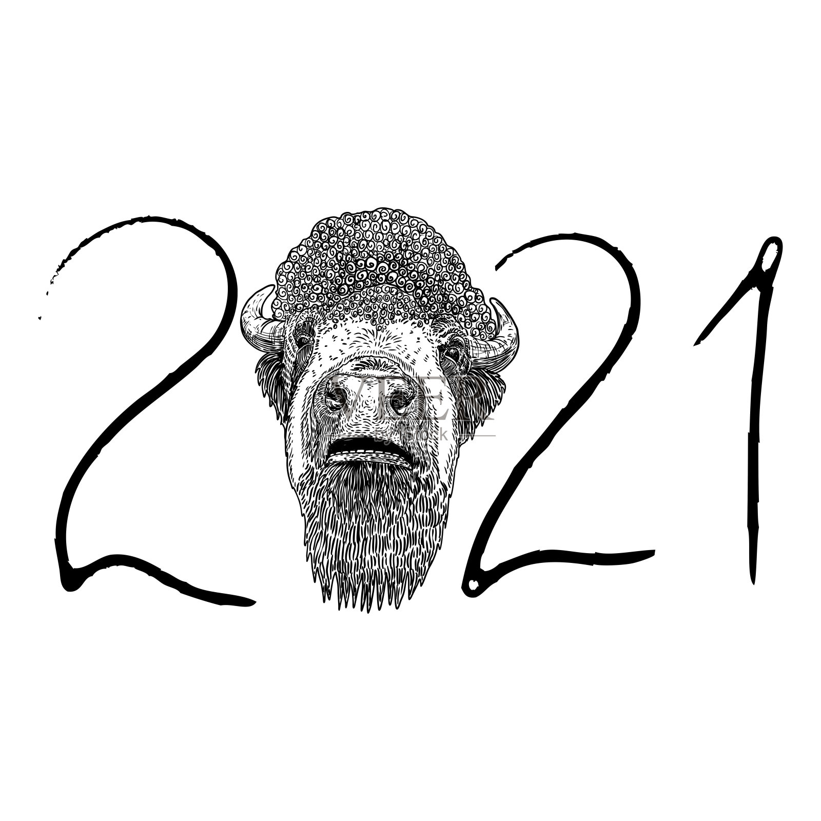 牛年，中国新年2021年。手写数字符号的公牛。卡片上有农历新年符号和星座符号。手绘向量。插画图片素材