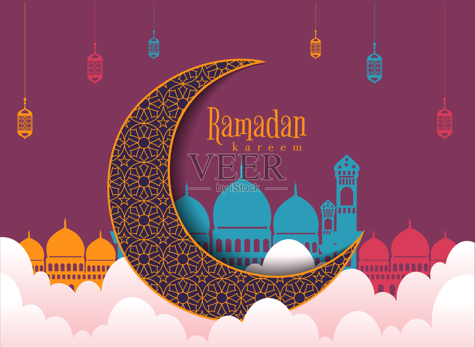 印新月伊斯兰教挂灯笼插画图片素材