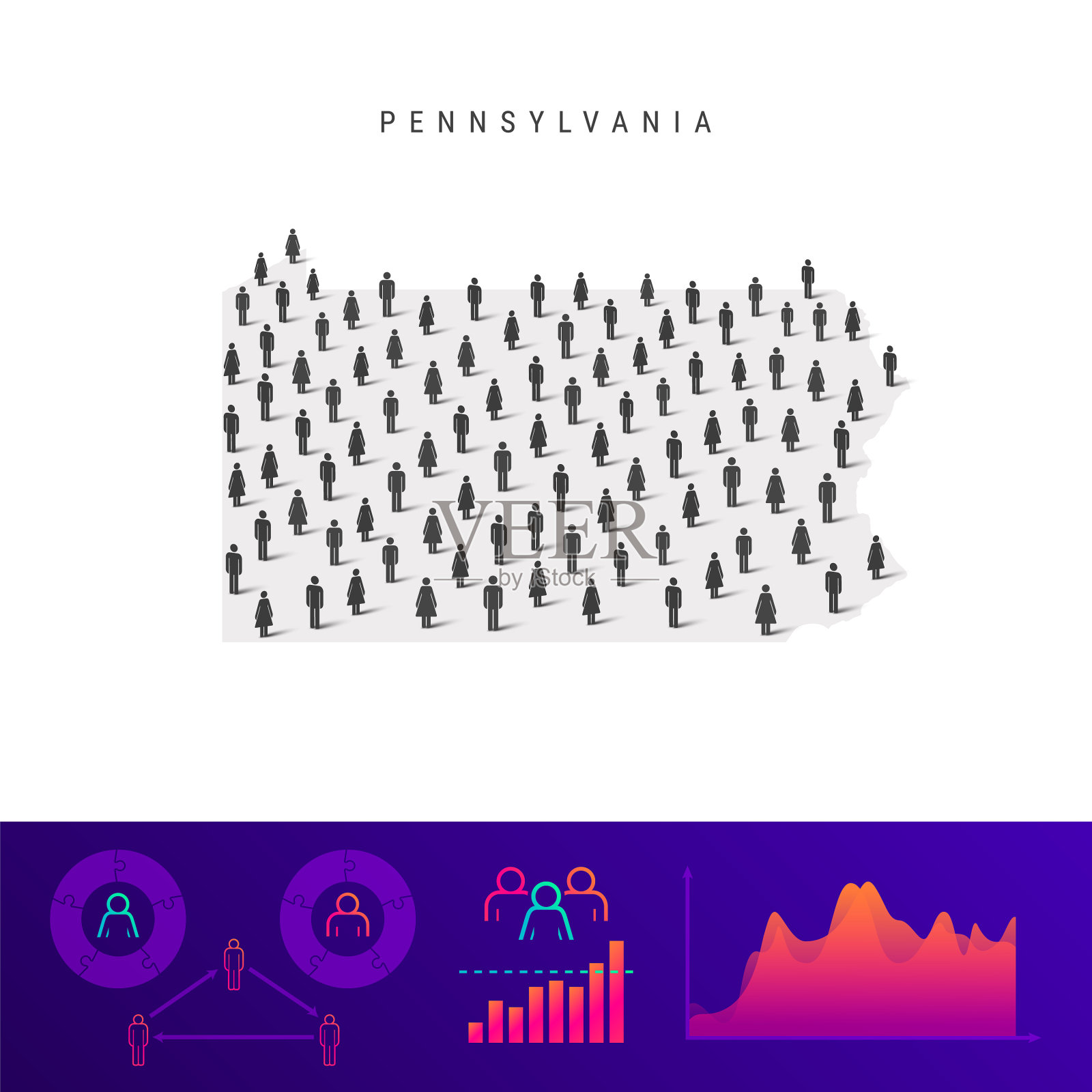 宾夕法尼亚州人的地图详细剪影混合插画图片素材