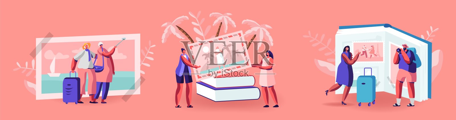 小人物在大相册里看旅行照片，热带海滩度假，欧洲景点，暑假插画图片素材