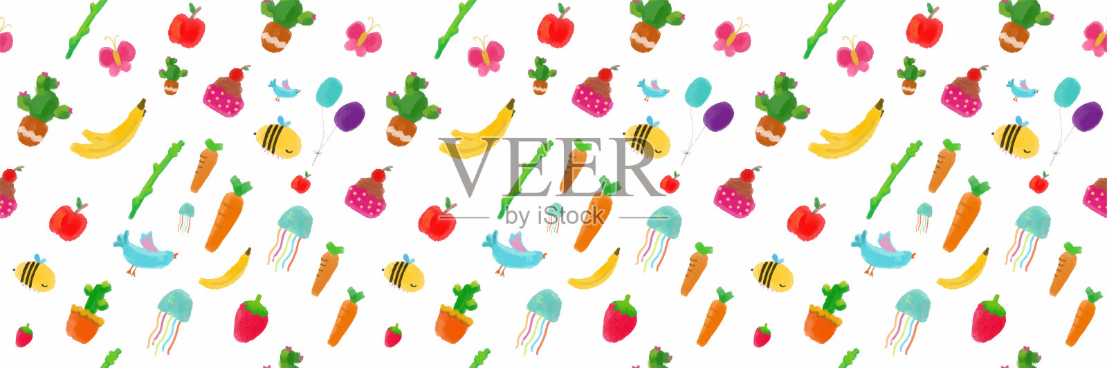 无缝图案水果和动物矢量插图。为贺卡，周年纪念，网络横幅，社会和印刷媒体剪辑卡通集插画图片素材