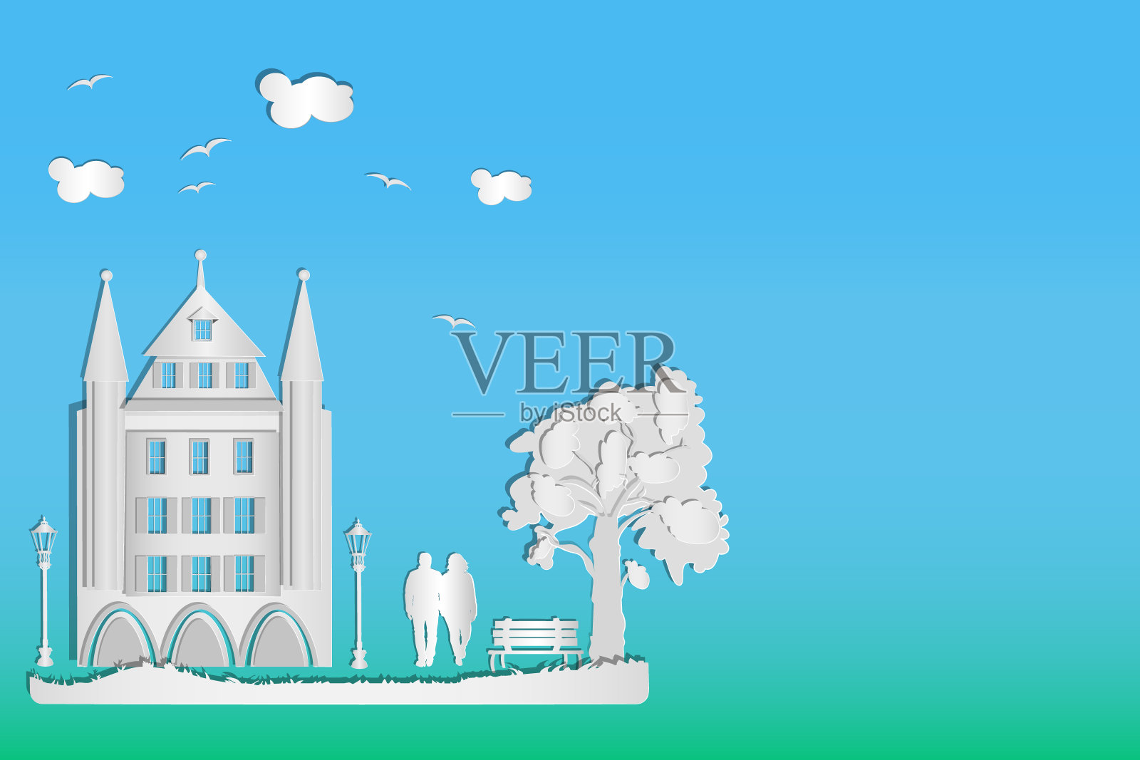 房子有树，夫妇，长凳，路灯和云彩在蓝天的背景。插画图片素材