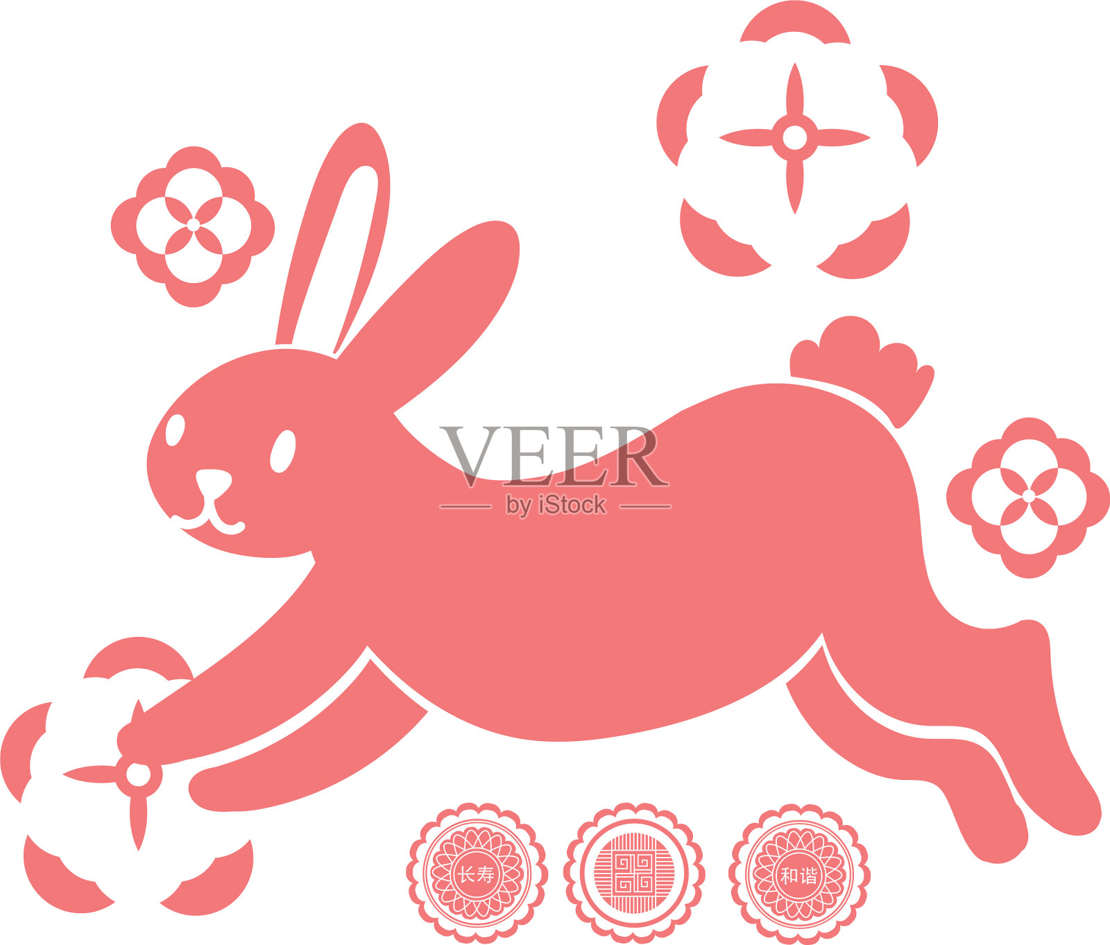 中秋贺卡配兔和月线设计元素图片