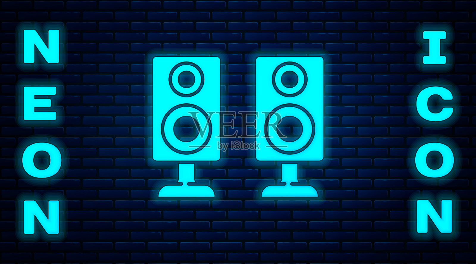 霓虹灯立体声扬声器图标孤立在砖墙的背景。音响系统扬声器。音乐图标。音乐圆柱扬声器低音设备。向量插画图片素材