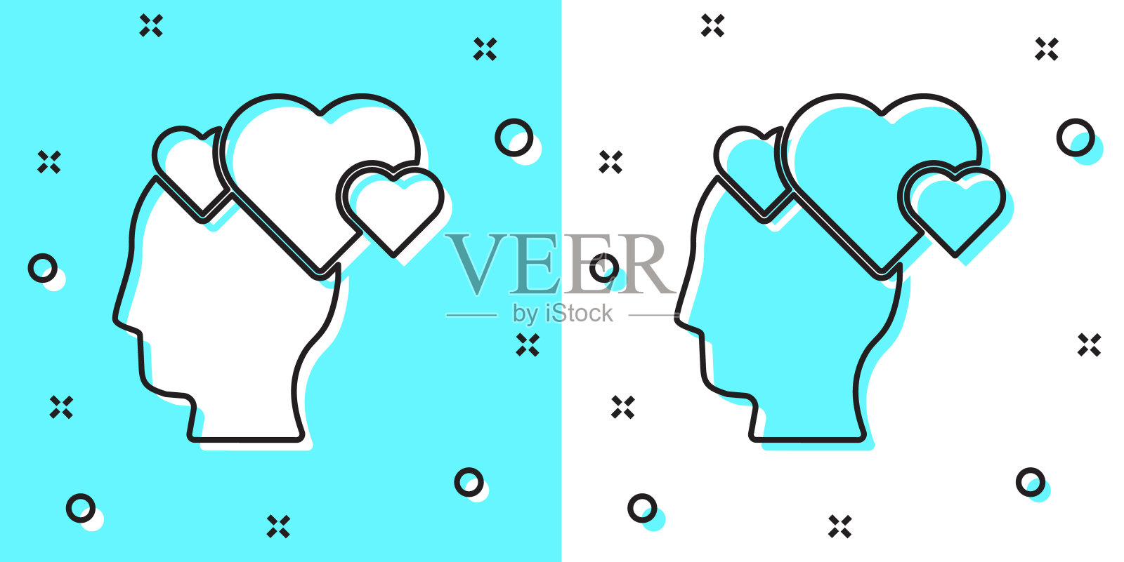 黑线人类头部与心脏图标孤立在绿色和白色的背景。爱的概念用人脑。随机动态形状。向量插画图片素材