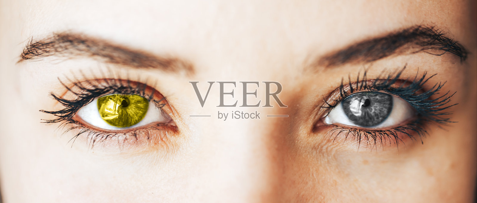 特写灰色和黄色的发光的眼睛，年度色概念照片，2021年照片摄影图片