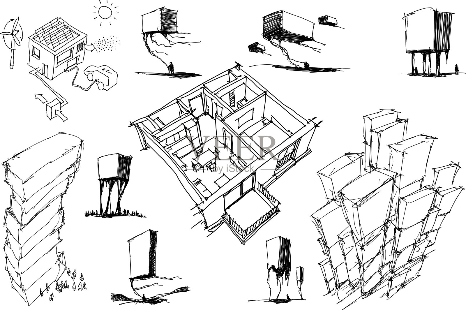 建筑草图的现代建筑和室内插画图片素材
