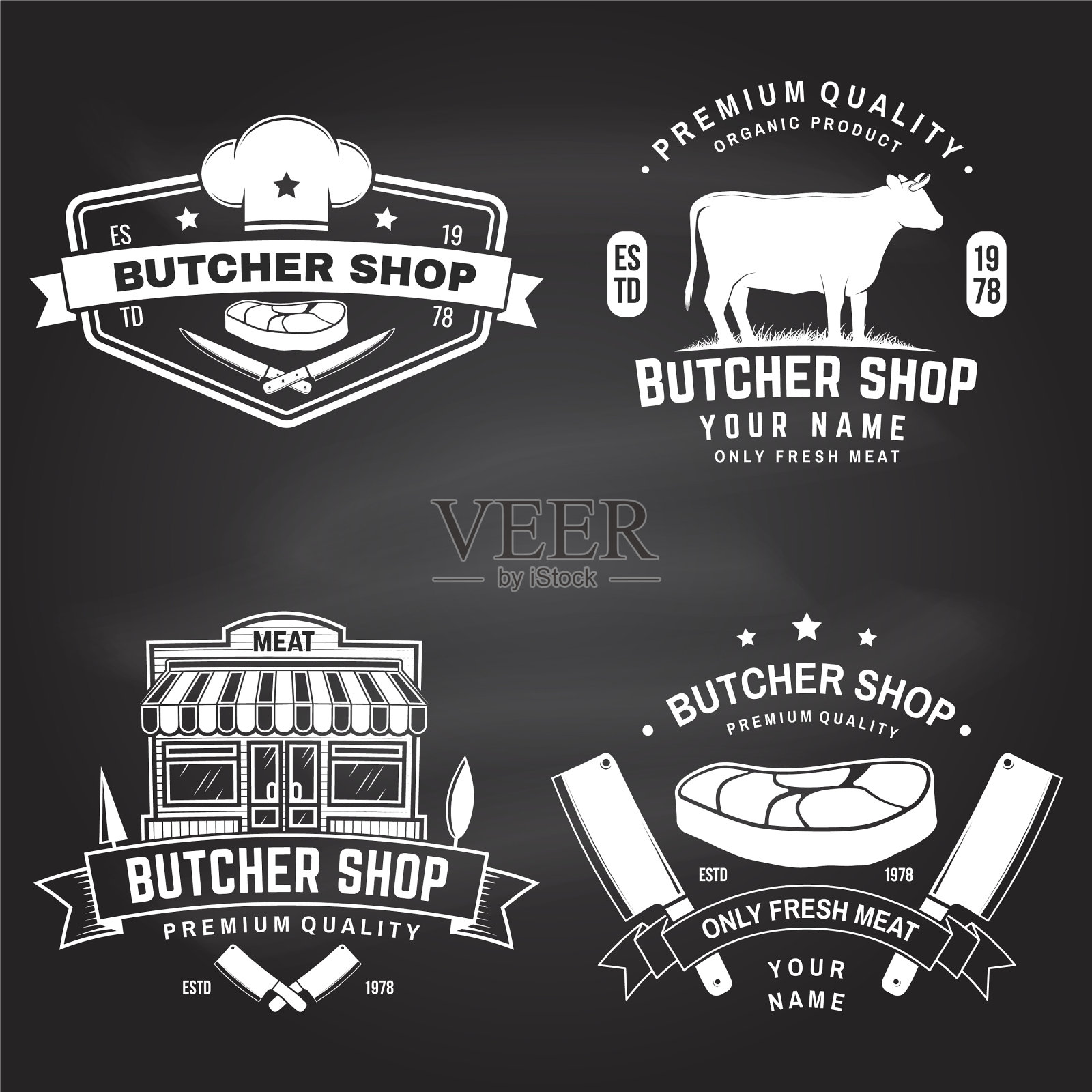 设置肉店徽章或标签与牛牛肉插画图片素材