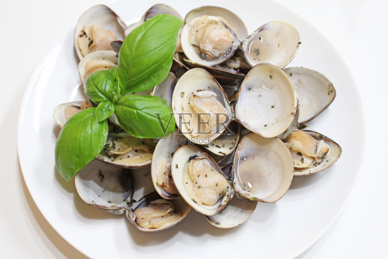 罗勒和酒蒸蛤。照片摄影图片