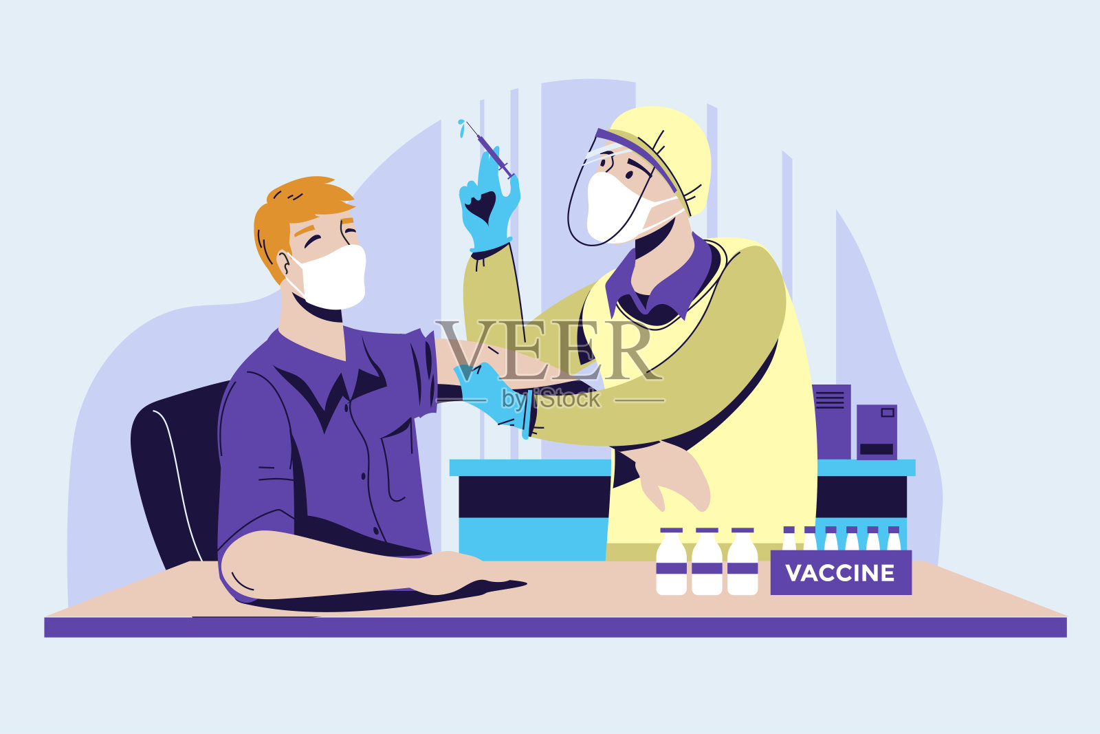 戴口罩的医生为女企业家患者注射COVID-19病毒疫苗插画图片素材