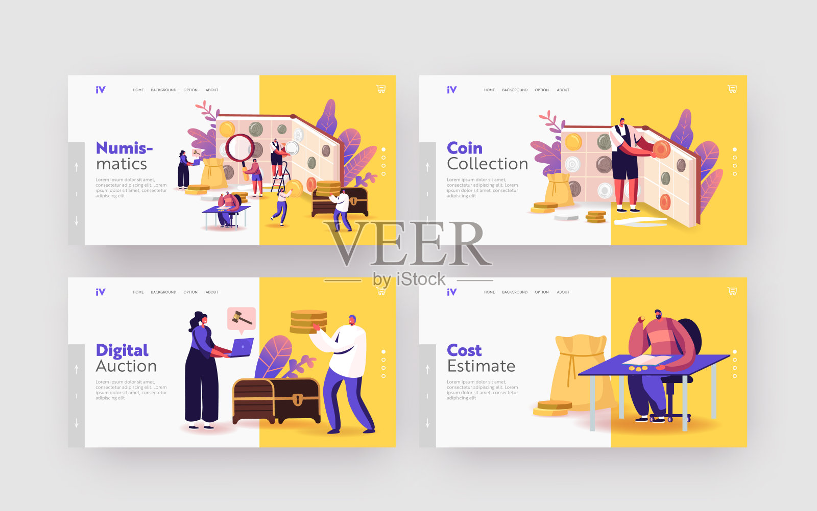 钱币登陆页模板集。微型字符在巨大的相册与硬币收集。钱币奖章收藏家的爱好插画图片素材