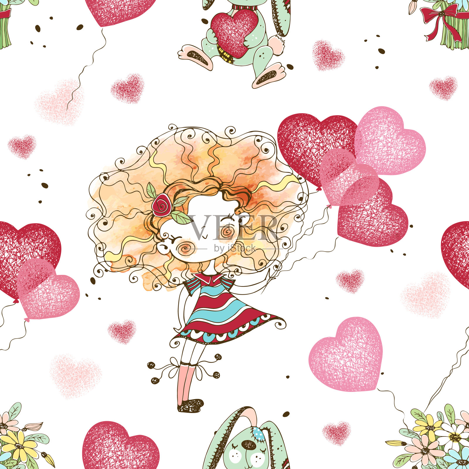 可爱的小女孩和气球在心形的无缝图案。情人节。的生日。向量插画图片素材