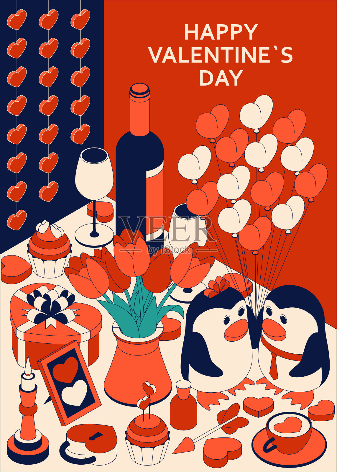 快乐的情人节背景与可爱的等距元素。贺卡和爱心模板插画图片素材