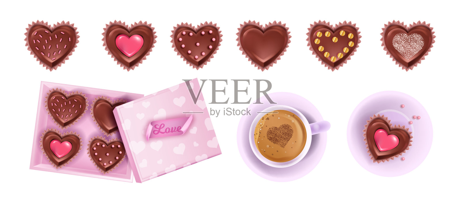 情人节礼物矢量巧克力甜点收集心糖果，打开盒子，咖啡杯。插画图片素材