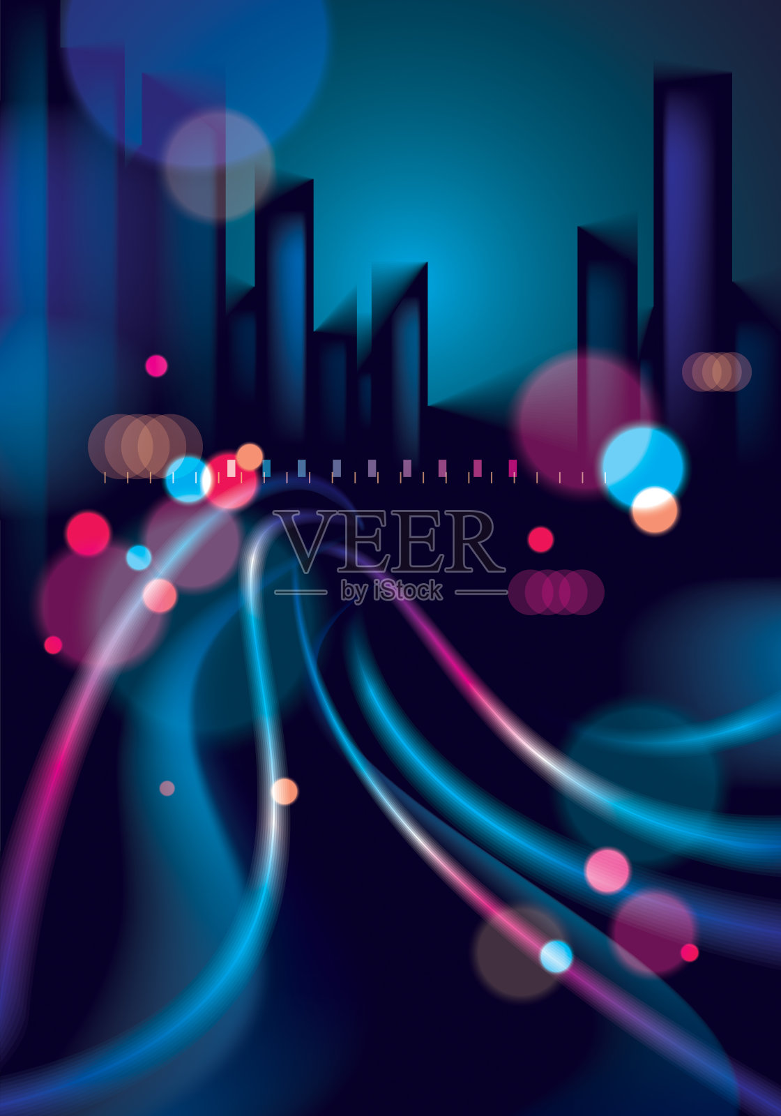 模糊灯光下的城市夜景纹理矢量图。效果矢量美丽的背景。模糊多彩的黑暗背景与城市景观，建筑轮廓天际线。插画图片素材