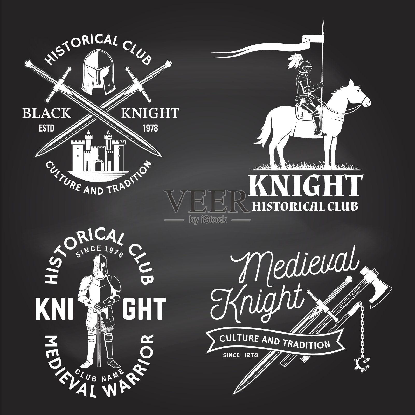 一套骑士历史俱乐部徽章设计矢量概念衬衫，打印，邮票，覆盖或模板。古董排版设计与骑士，骑士在一匹马，剑城堡剪影插画图片素材