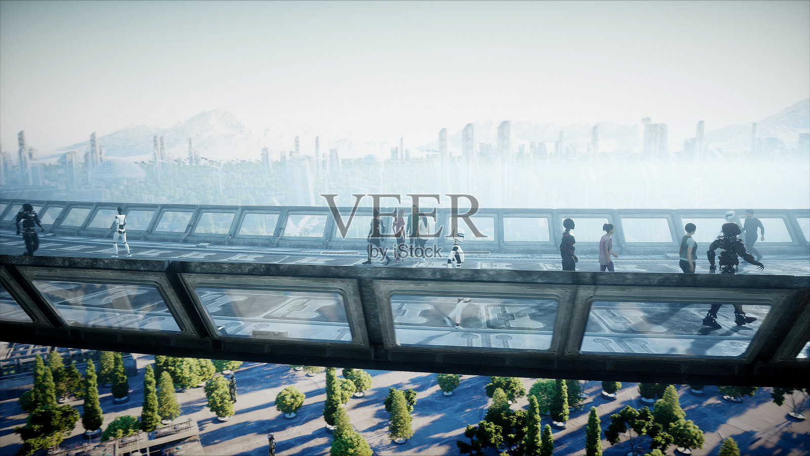 人们和机器人。科幻tonnel。未来的交通。未来的概念。3 d渲染。照片摄影图片