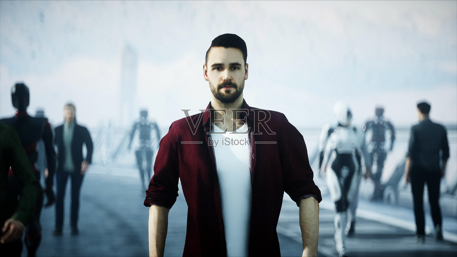 人们和机器人。科幻tonnel。未来的交通。未来的概念。3 d渲染。照片摄影图片