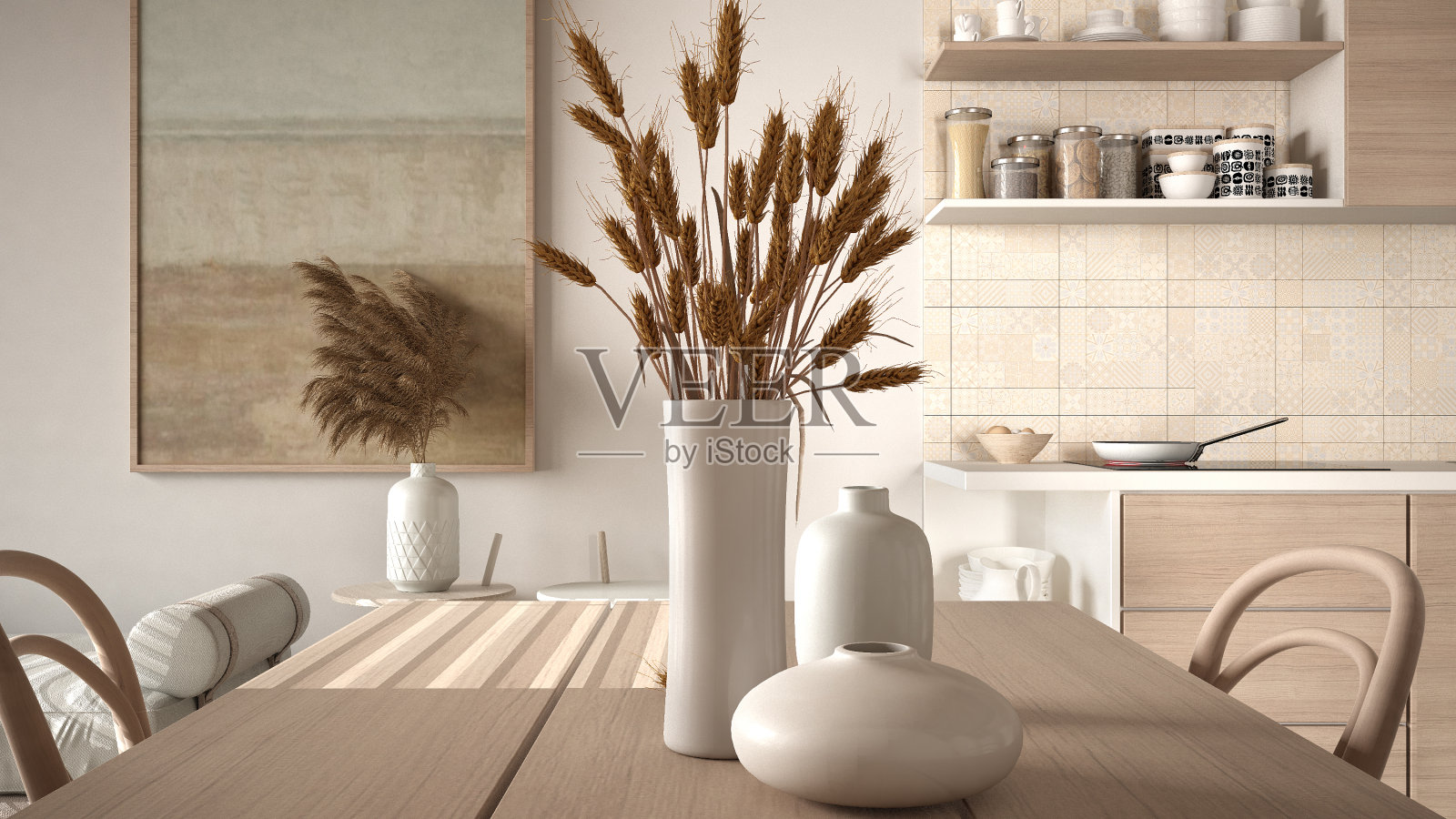 舒适的木制可持续厨房米色色调与餐桌与花瓶近距离。谷穗和装饰物。厨房电器、盘子。环保的室内设计照片摄影图片