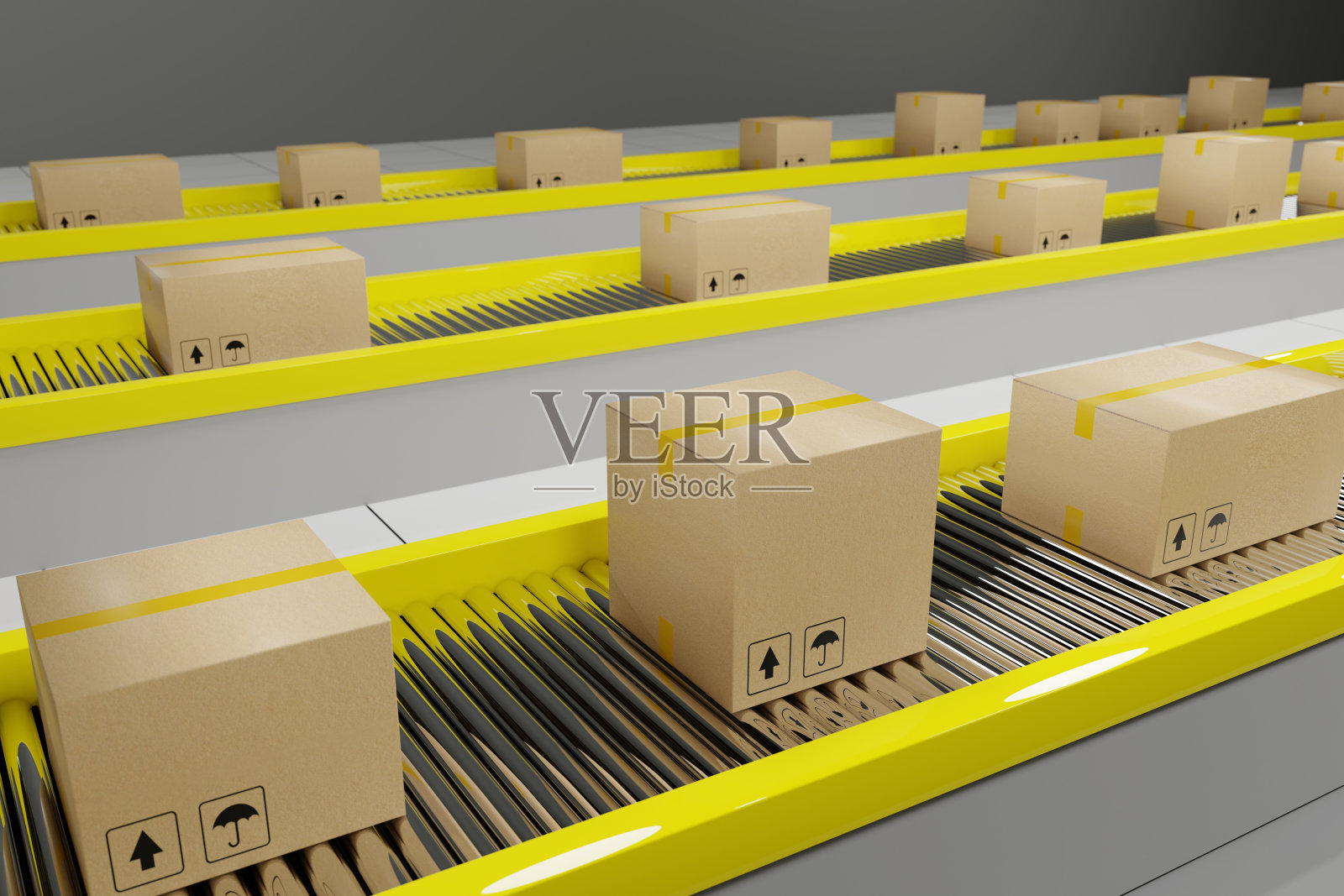 纸板箱沿着传送带前进。3 d演示。照片摄影图片