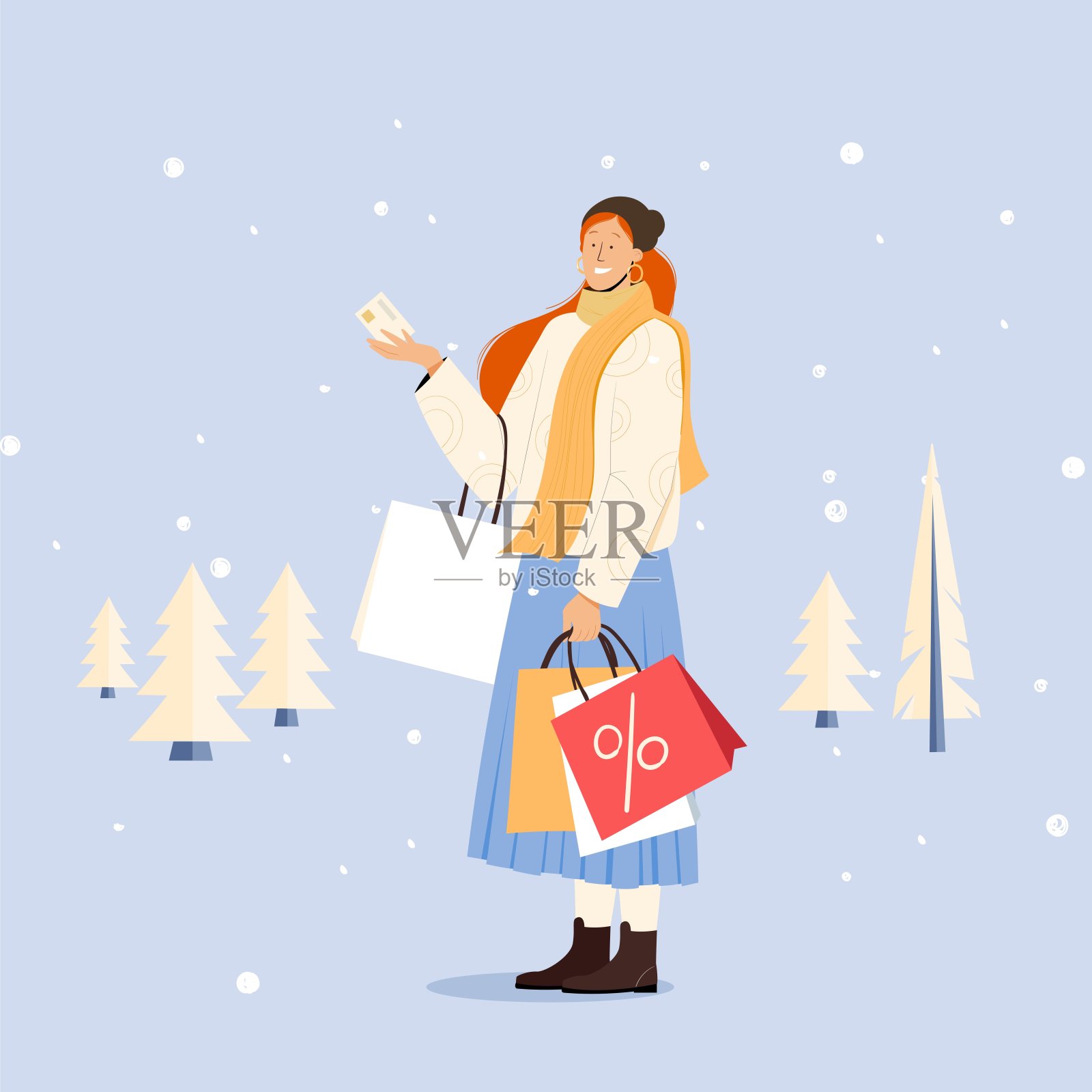 拿着信用卡购物袋的女孩。矢量插图冬季和圣诞节销售设计插画图片素材