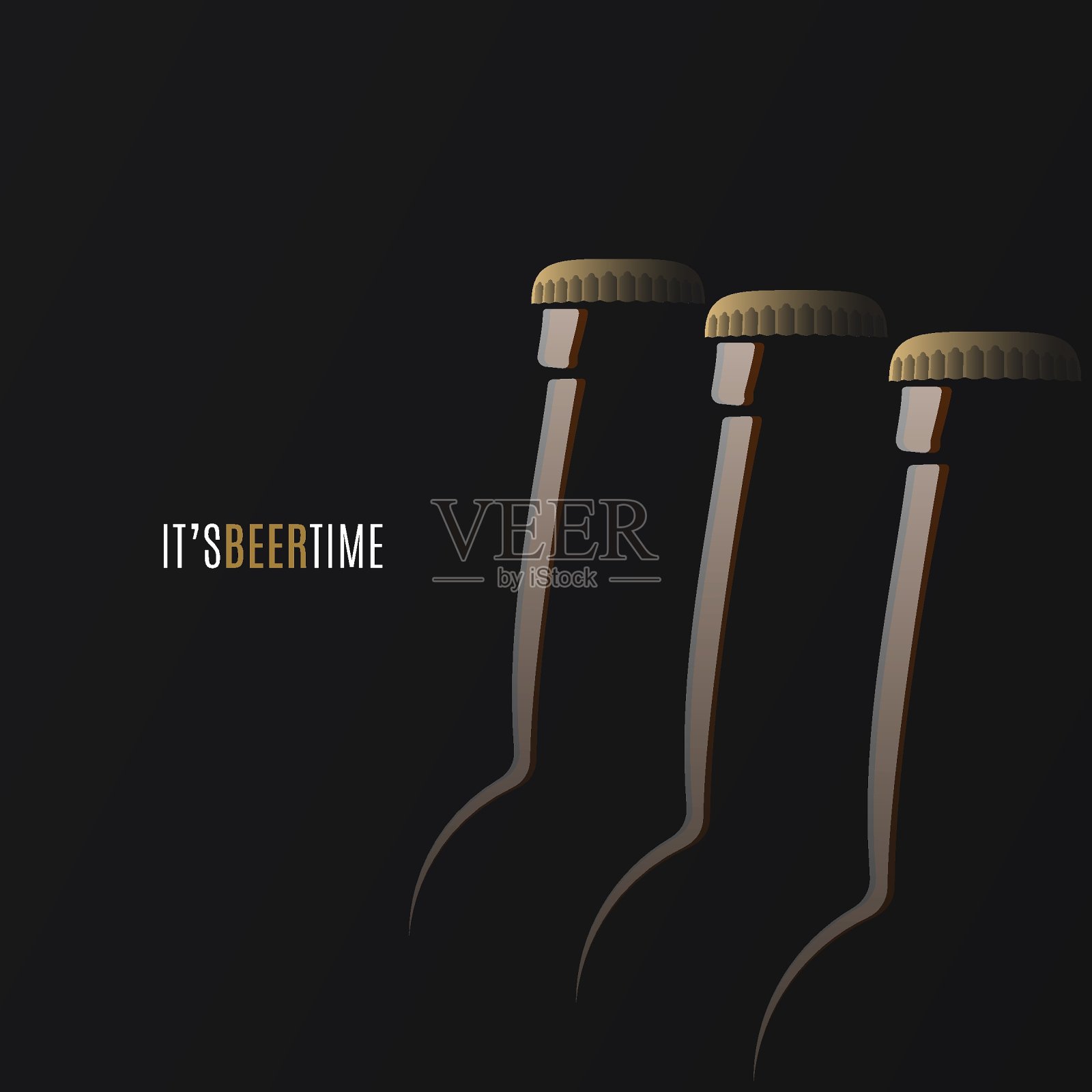 啤酒的时间设计。瓶盖在黑色背景上的啤酒插画图片素材