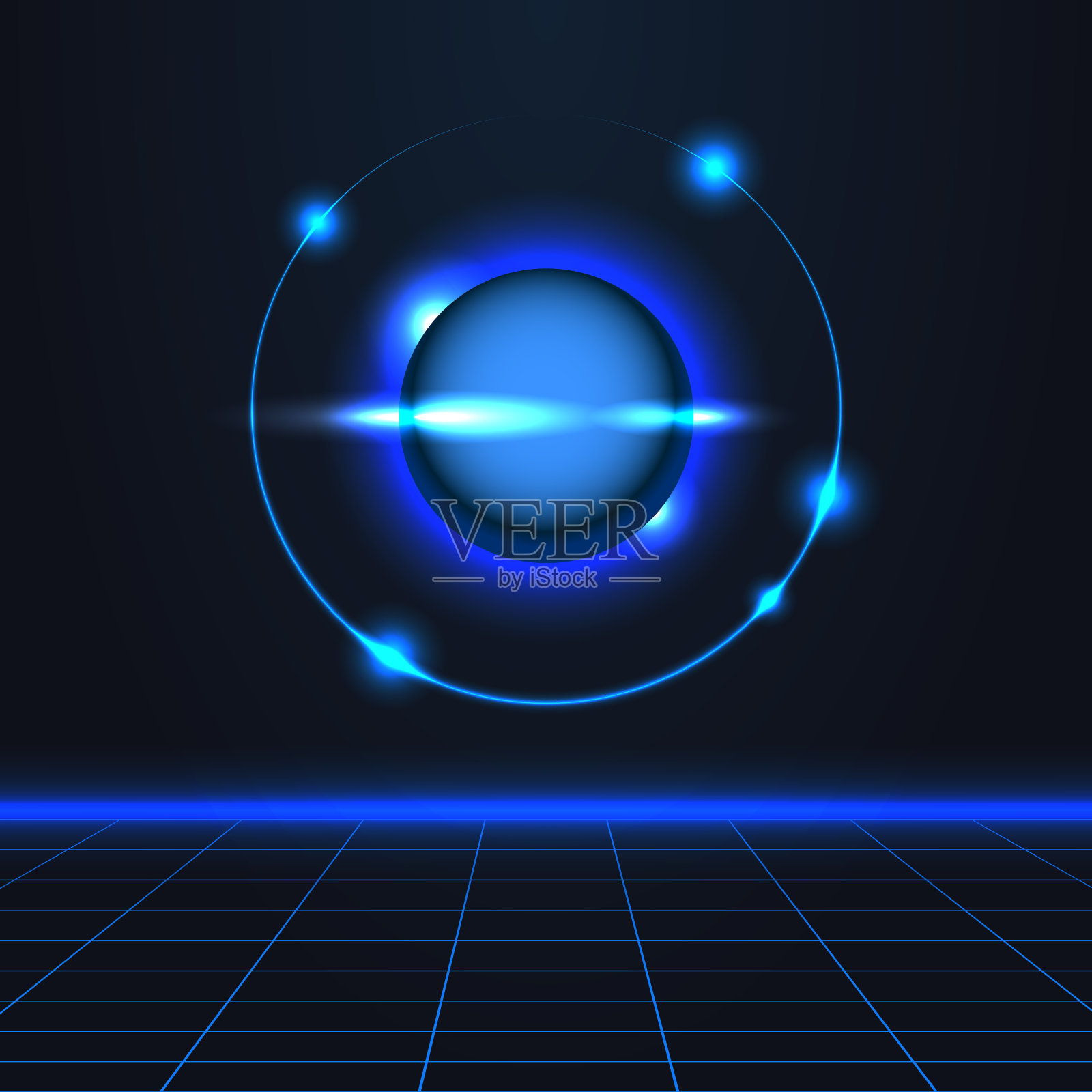 简单的矢量插图在复古未来主义风格抽象闪亮的外太空蓝色行星轨道插画图片素材