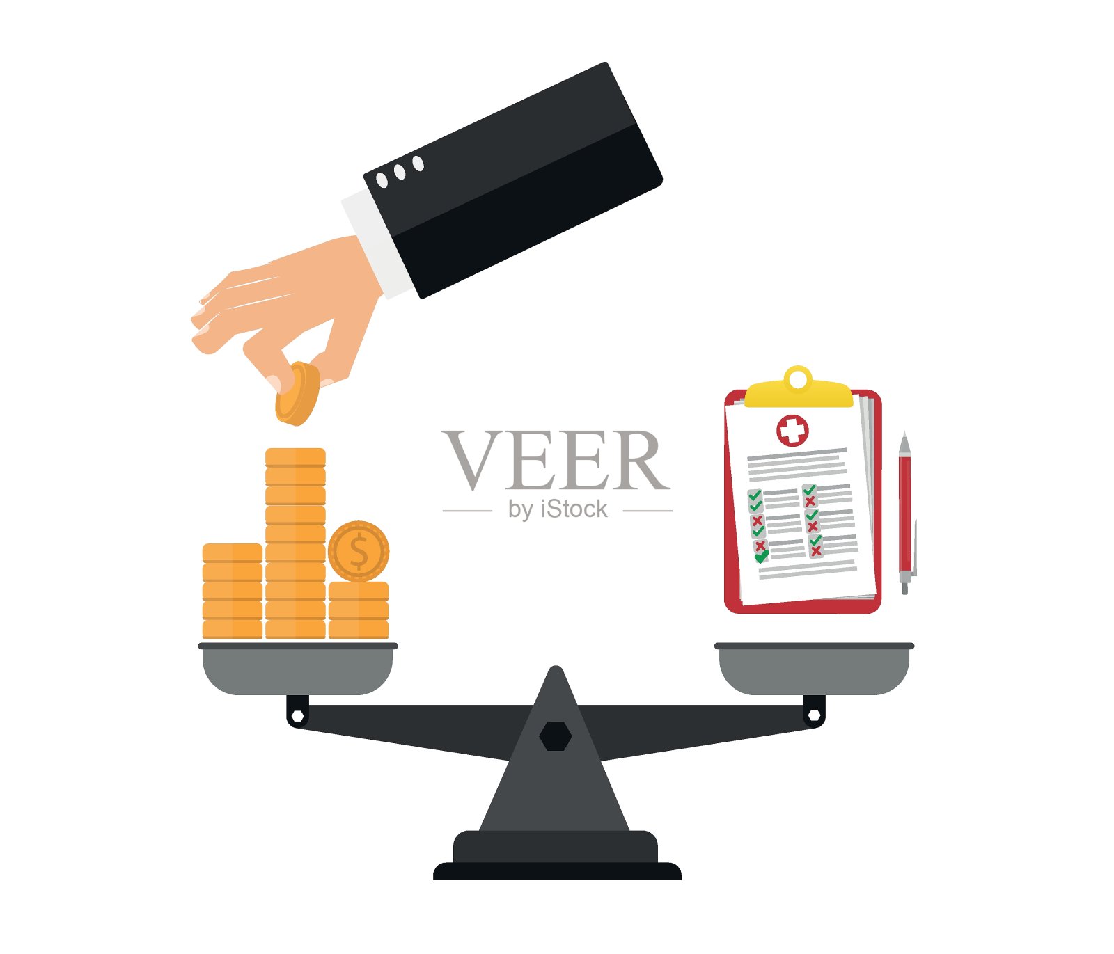 医疗保障，医疗保险概念。平面设计。医生证明和一堆钱插画图片素材