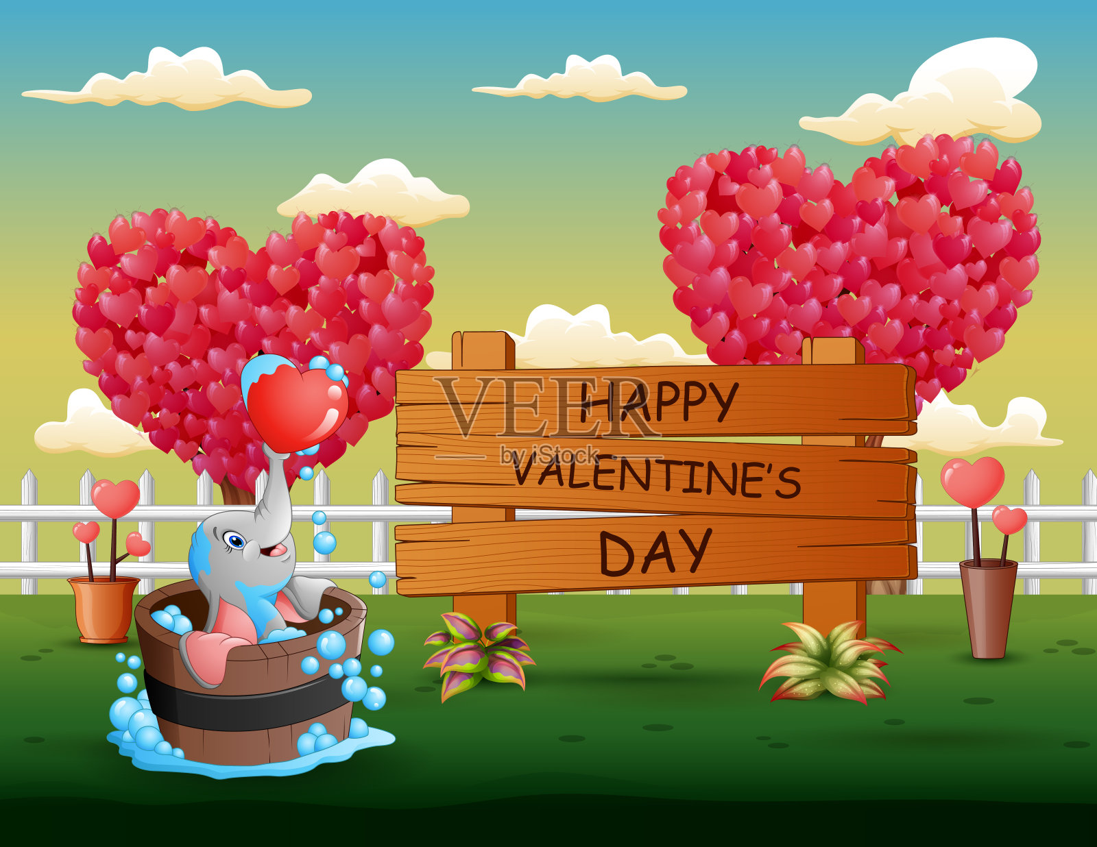 情人节快乐，用大象洗澡插画图片素材