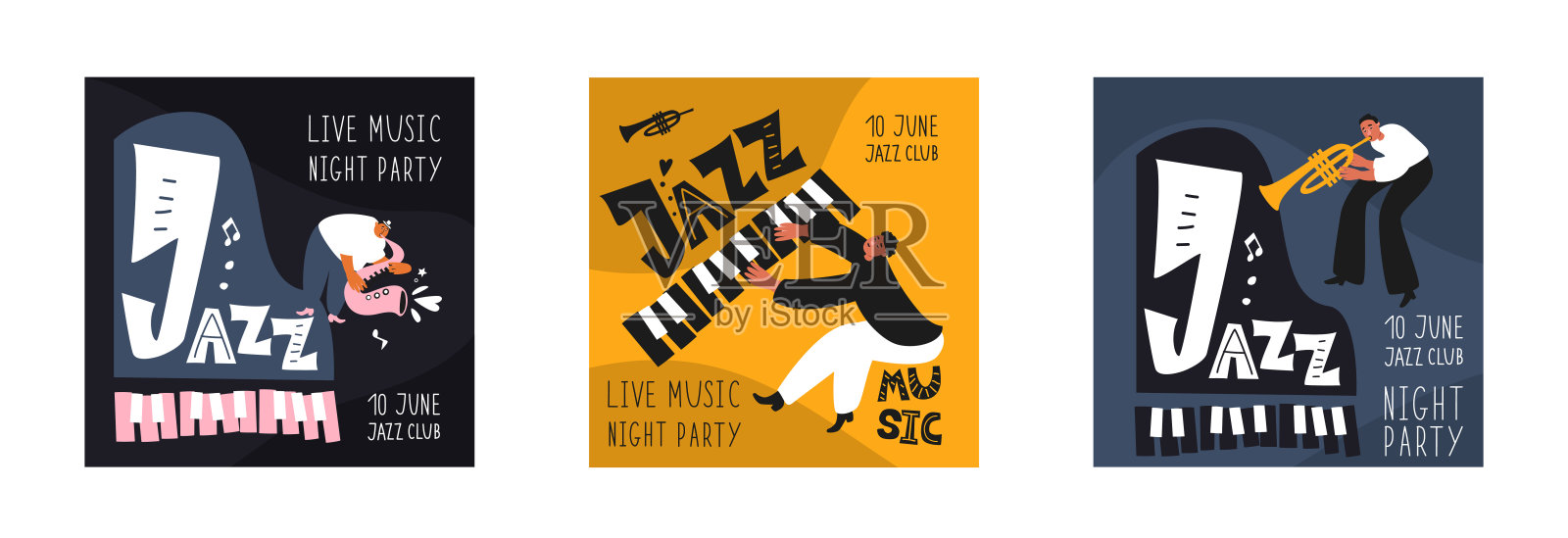 一套爵士音乐家和手写短语爵士设计模板素材