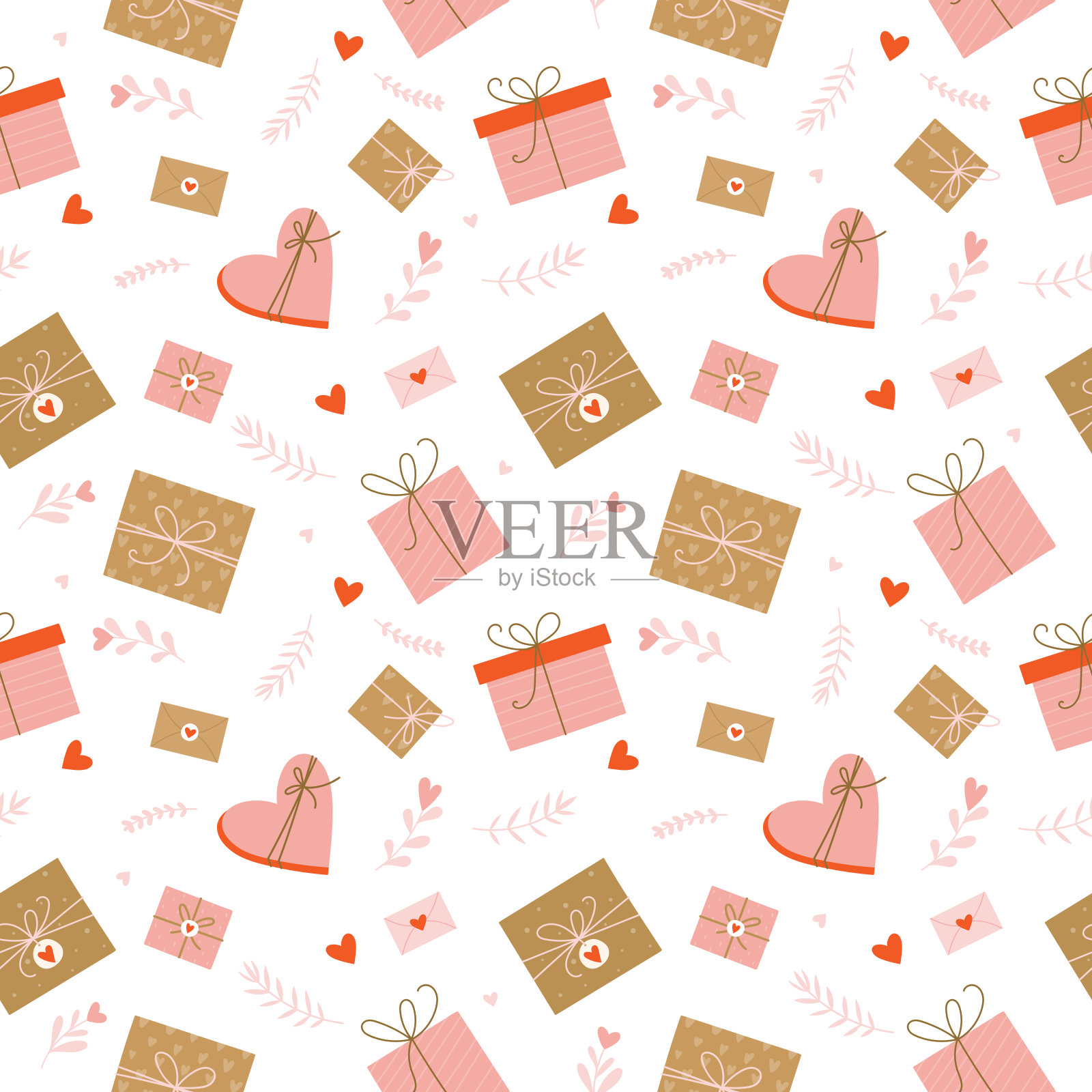 浪漫的情人节无缝模式与爱心，情书，礼物和花卉元素。设计模板素材