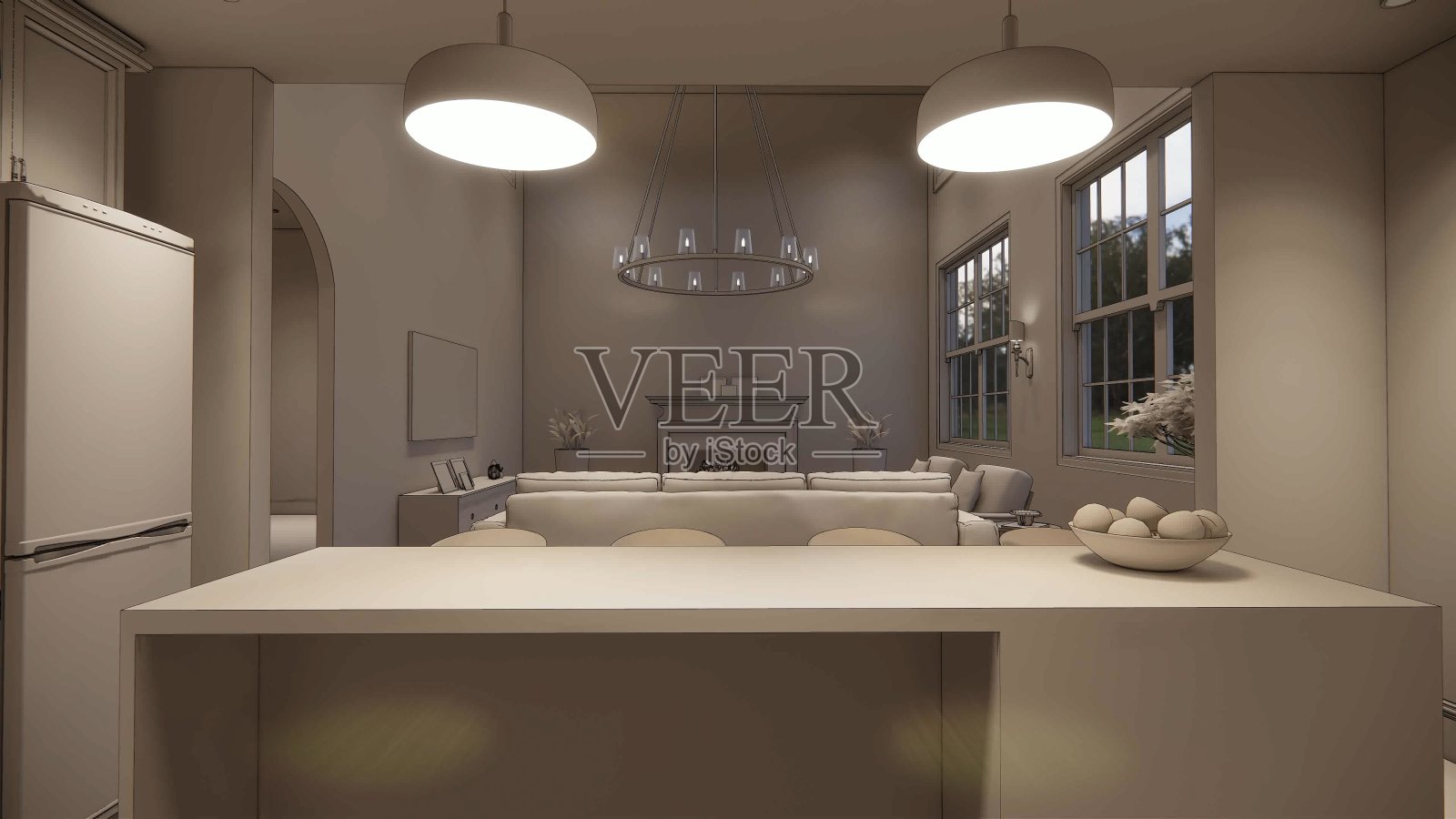 3 d渲染。室内设有厨房的现代开放式生活空间。现代阁楼风格复式公寓住宅。家居装饰室内设计。照片摄影图片