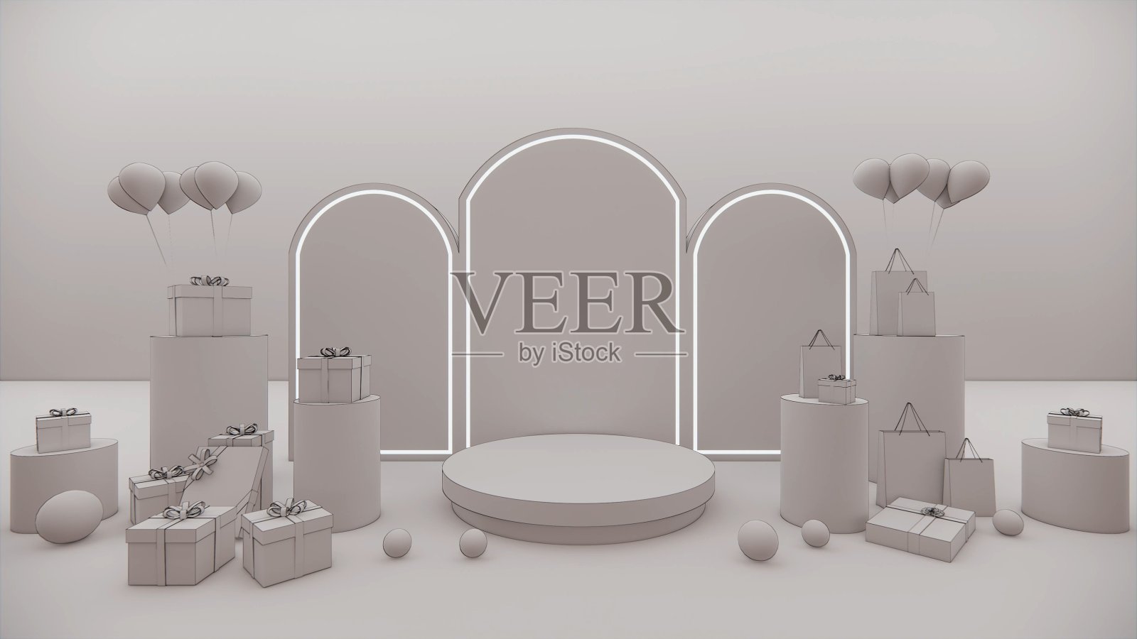 3 d渲染。简约的圣诞背景。礼物盒。站在舞台背景。产品的空间。柔和的颜色。照片摄影图片