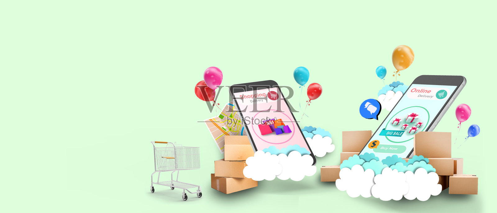 智能商业营销理念，绿色背景，复制空间，数字，横幅- 3d渲染照片摄影图片