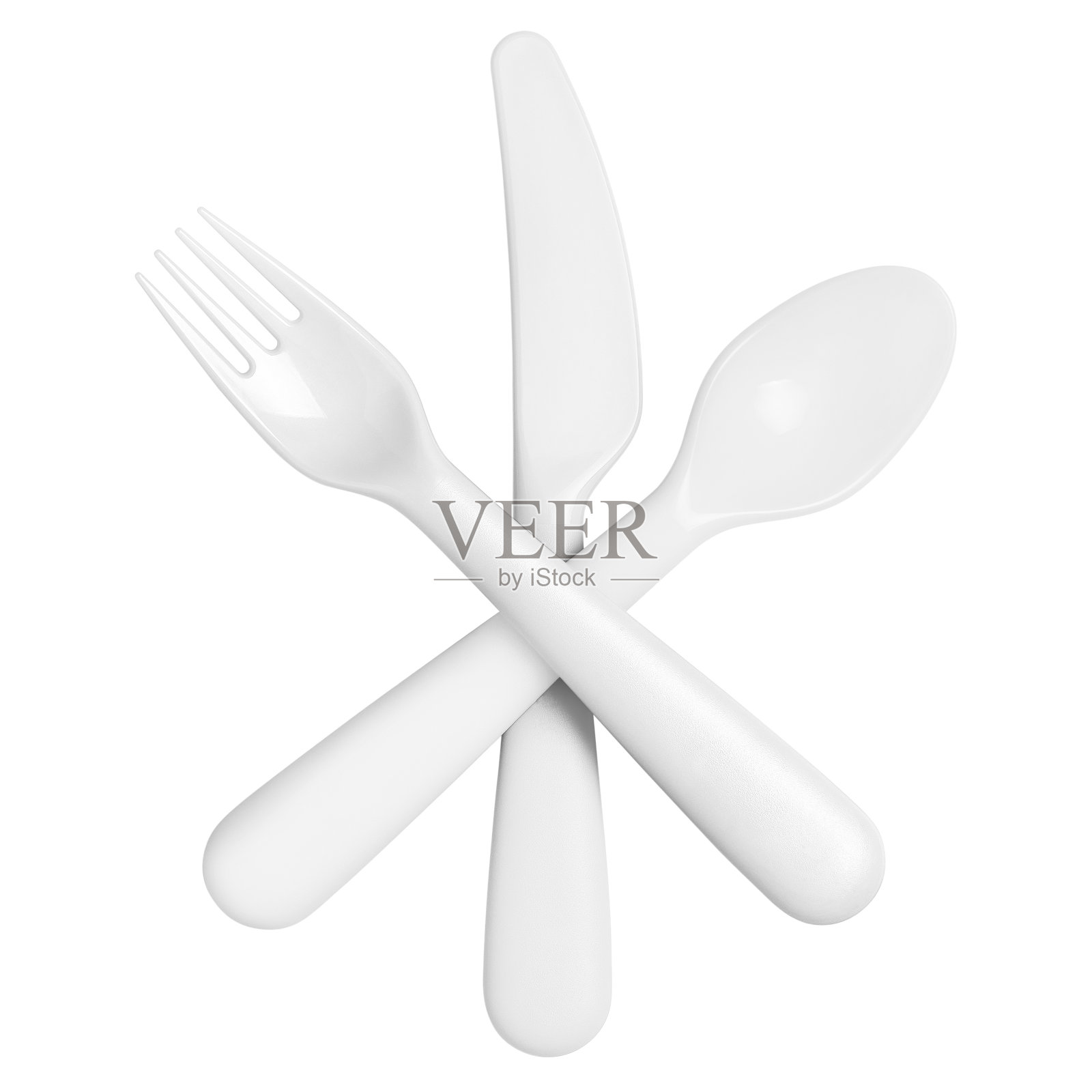 白色的塑料叉，刀和勺子放在白色的上面照片摄影图片