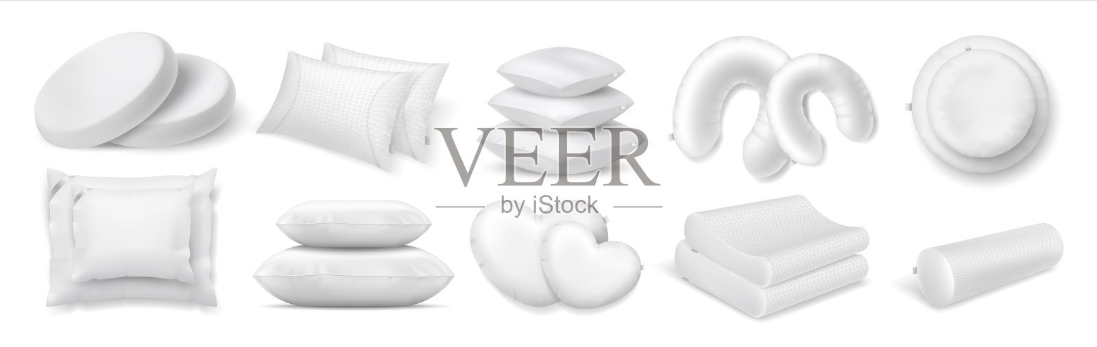 现实的缓冲。3D床和沙发枕头。圆形和方形或卷形室内装饰的集合。成堆的经典羽毛或现代合成配件，向量集插画图片素材