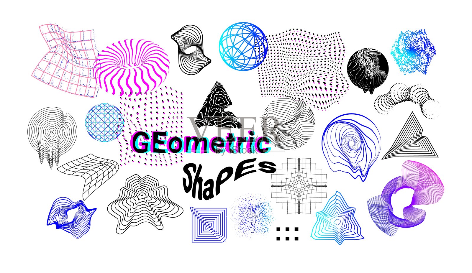 数字的形状。抽象的赛博朋克图形元素。流动纹理和小故障效果。网格或几何形状。向量的插图插画图片素材