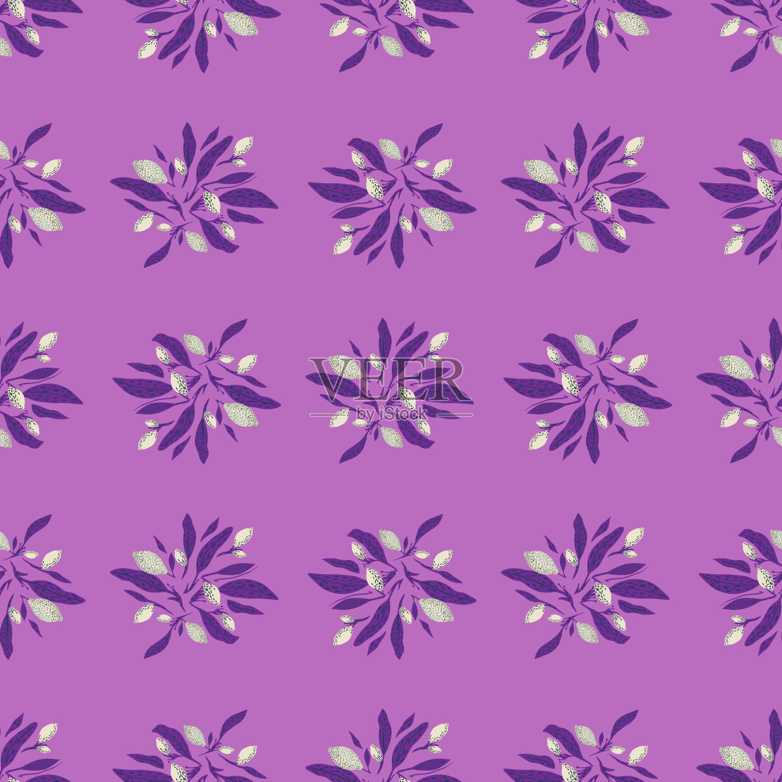 有机无缝图案与涂鸦柠檬和叶印花。紫色的背景。插画图片素材