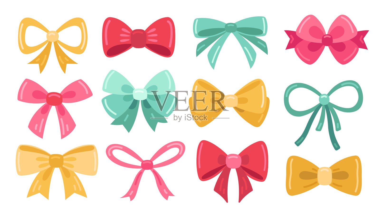 目前弓。婚礼套装，金色复古蝴蝶结。礼品装饰元素，隔离卡通绿黄丝带精确矢量收藏设计元素图片