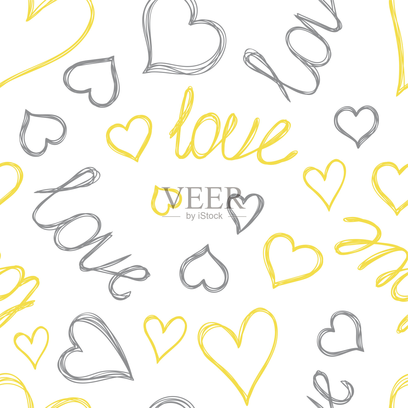 心和爱。黄灰无缝图案。手绘矢量插图。用钢笔或马克笔涂鸦。艺术线条轮廓。重复等高线图插画图片素材