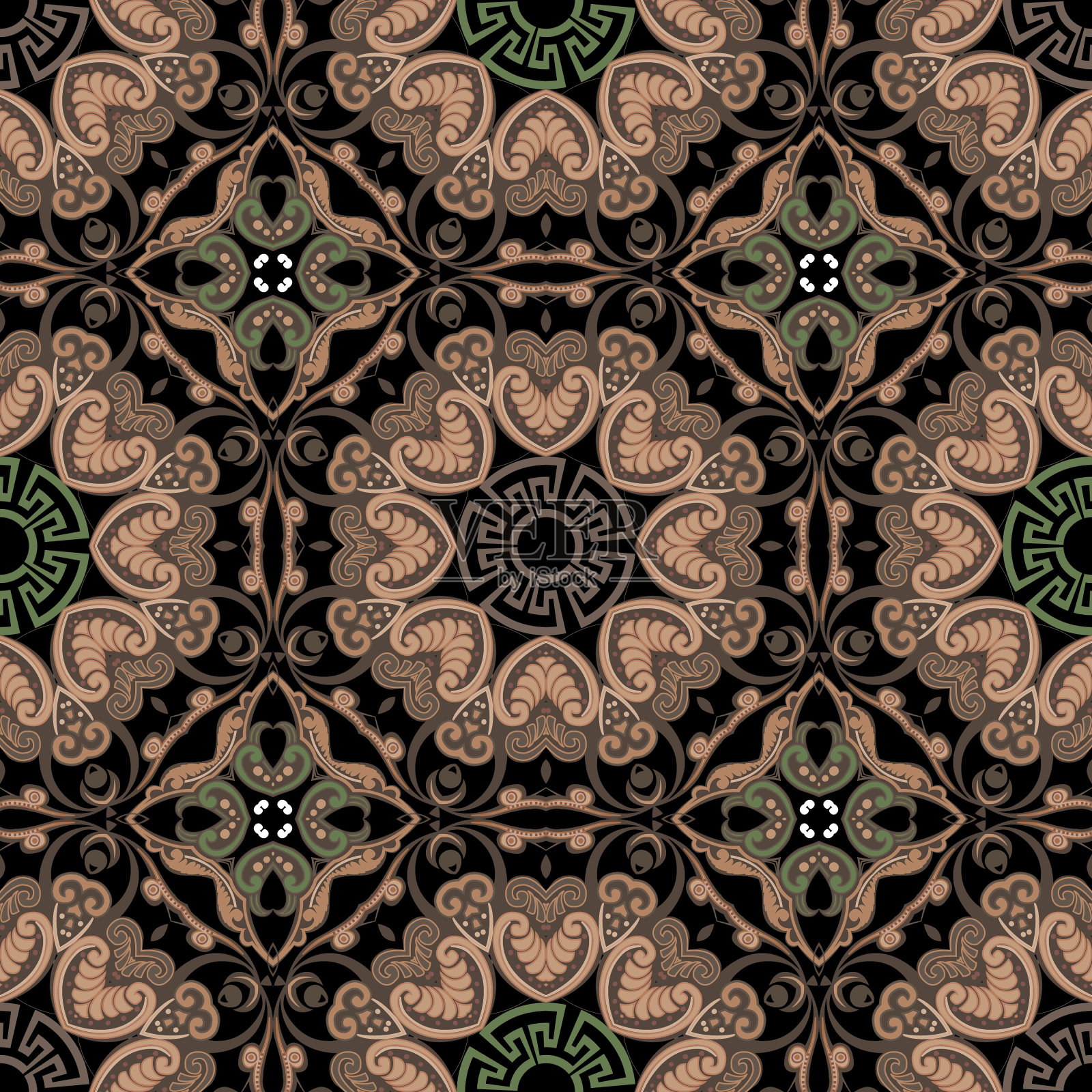 佩斯利无缝模式。希腊风格的矢量背景。华美华美的点缀。重复装饰背景。复古佩斯利花，叶，希腊键，曲径，线条，几何形状插画图片素材