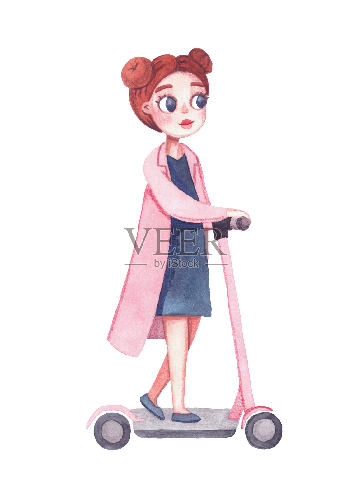 一个年轻女子骑着滑板车。可爱的水彩卡通插图。活动，自由工作，创造性想法。休息和假期。插画图片素材