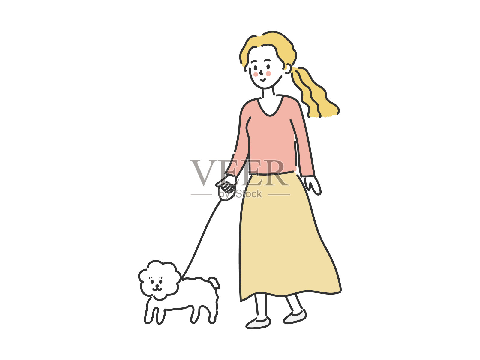 年轻女子遛狗插画图片素材
