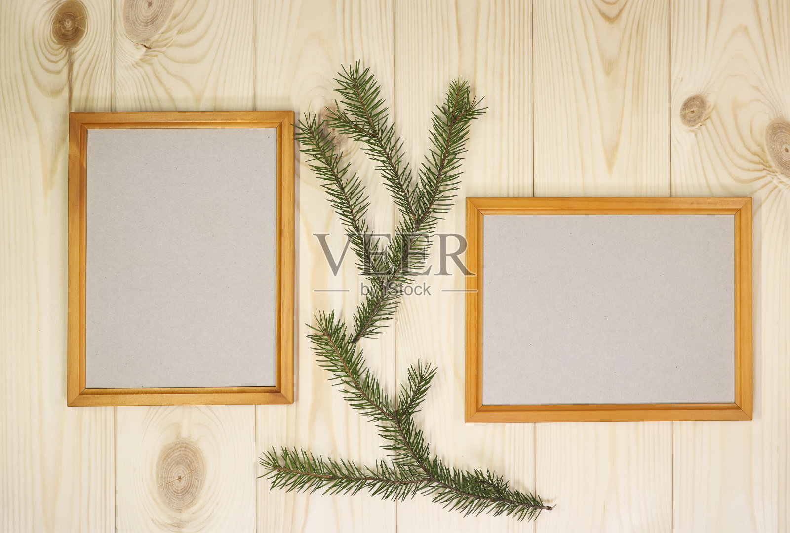 模拟空木框架和杉木细枝在青松墙背景，显示文本或产品。圣诞节的主题。照片摄影图片