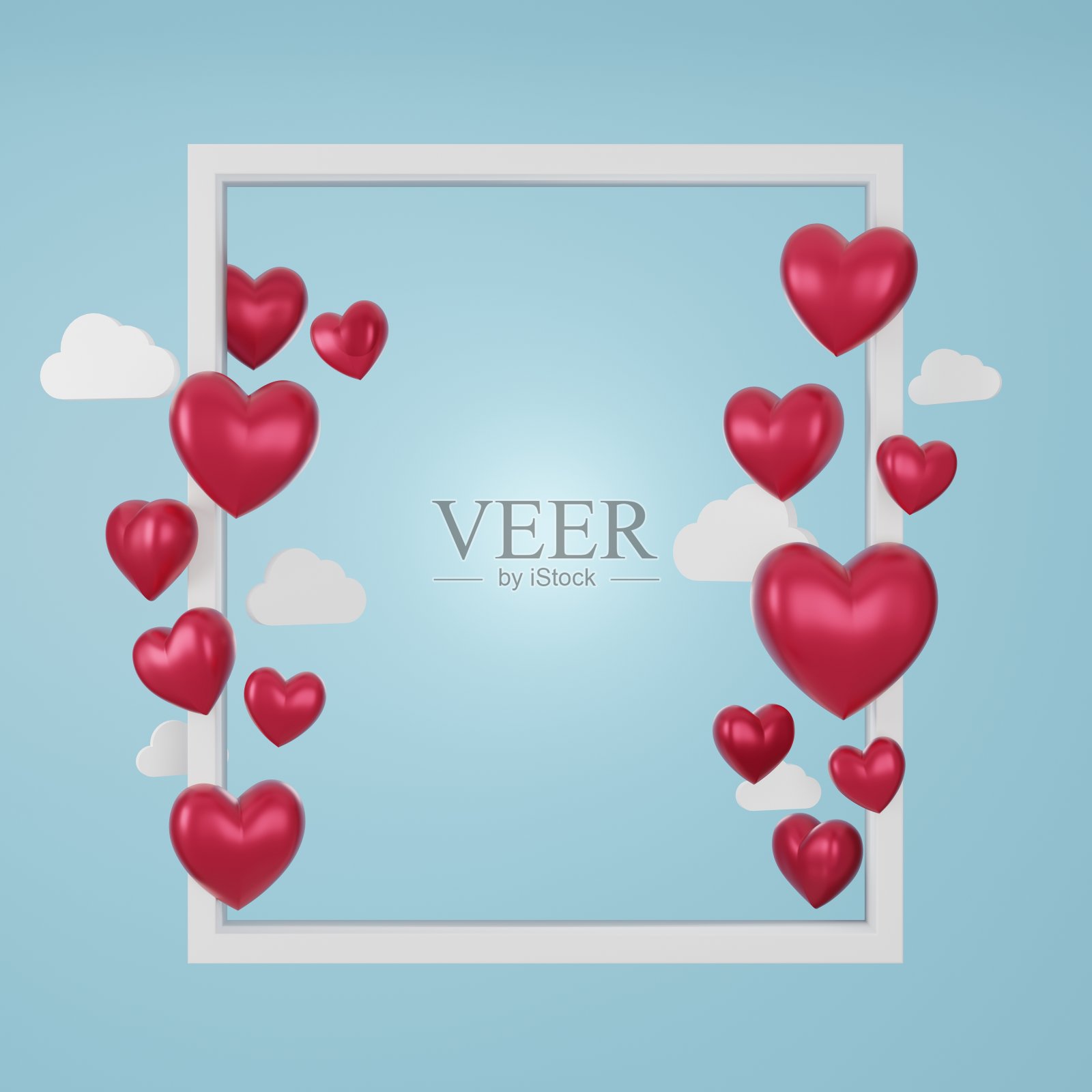 爱情和情人节的3D插图，白色的画框和红色的心漂浮在蓝色的背景上。三维渲染照片摄影图片