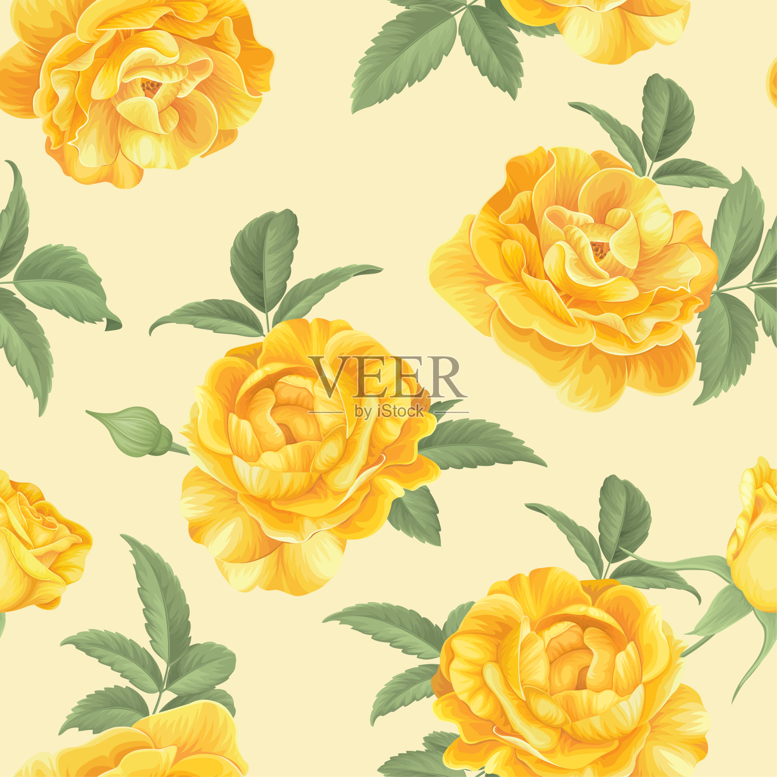 无缝图案的黄玫瑰花，芽和叶的背景。矢花集装饰鲜花为婚礼请柬，节日，贺卡和纺织时装设计。插画图片素材
