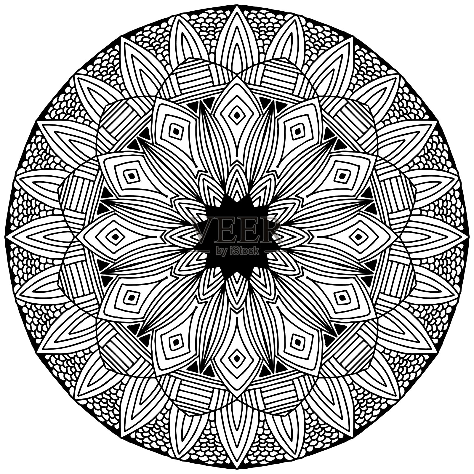 曼荼罗与线形装饰物在霍氏风格绘制在白色的背景上，向量插画图片素材