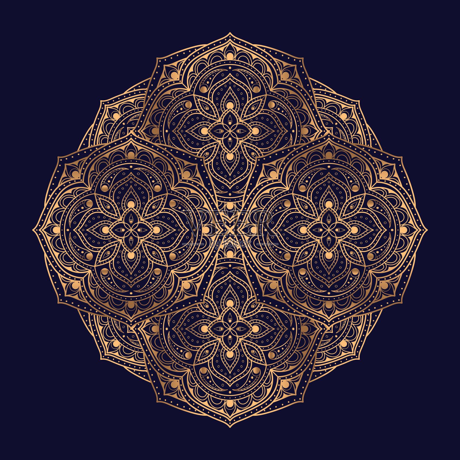 奢华金黑色曼荼罗向量。印度皇室图案。圣诞饰品，新年贺卡装饰，美容水疗沙龙装饰，婚礼邀请函的复古细丝设计。插画图片素材