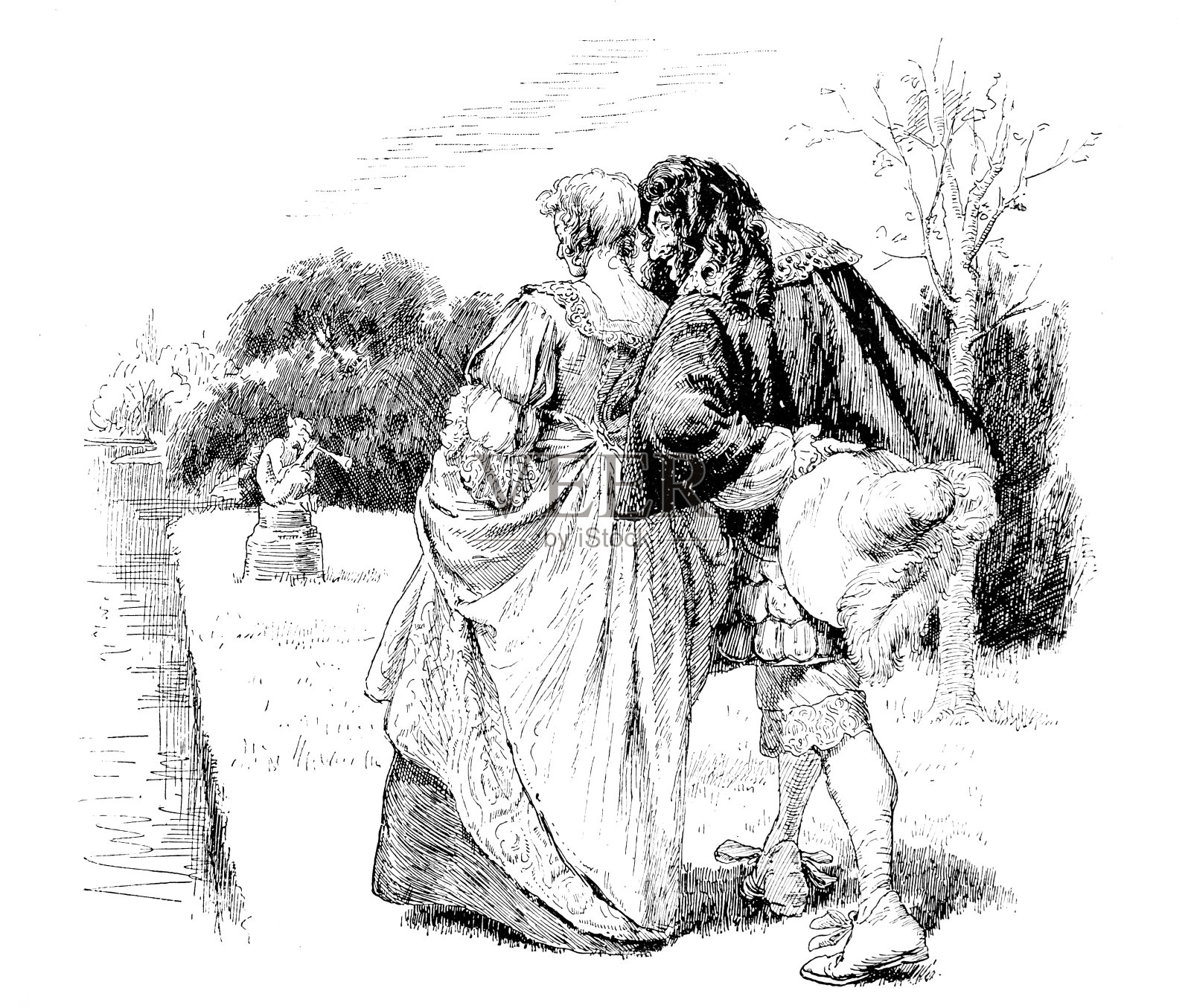 一个可疑的男人和一个女人在花园里散步插画图片素材